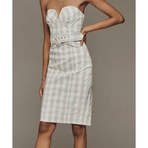 Anthropologie Maeve Gingham Strapless Sweetheart Dress NWT Belted Midi Mint Blue